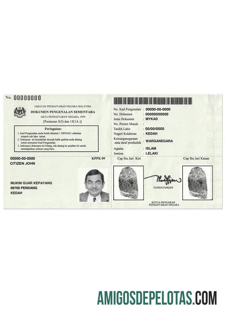 Certificado de Identificação Temporária MALÁSIA 2016 amostra